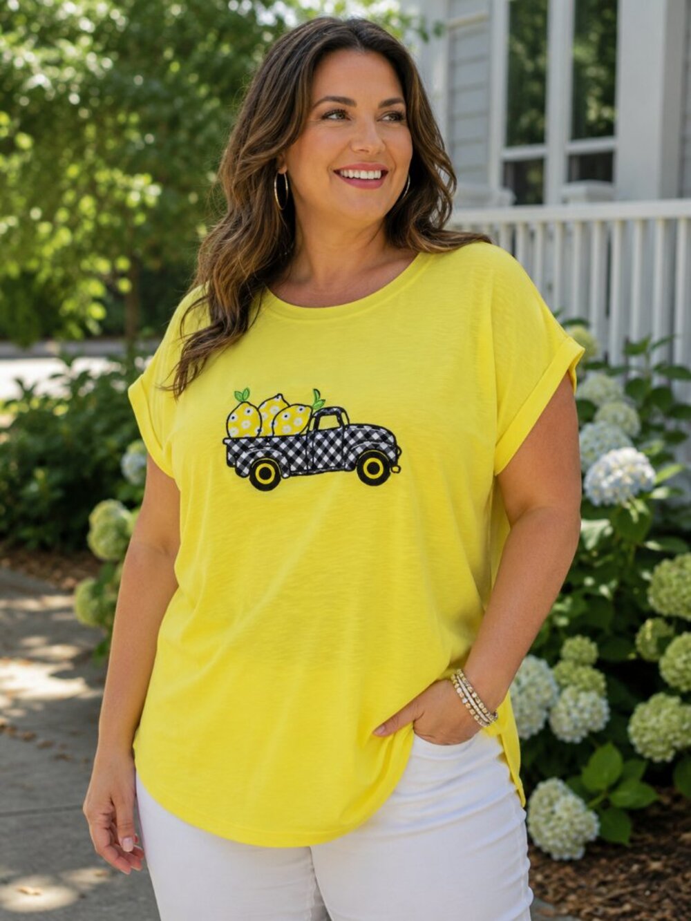 CLOVER & PINE Short Slve Scoop Neck Bright Yellow w/Sparkly Truck Logo Tee XXL